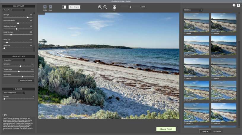 HDR Batch plugin preview preset window with thumbnails and adjustments