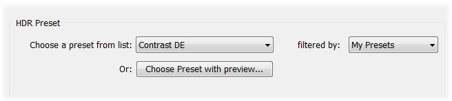 Saved preset selected in the HDR Batch plugin window