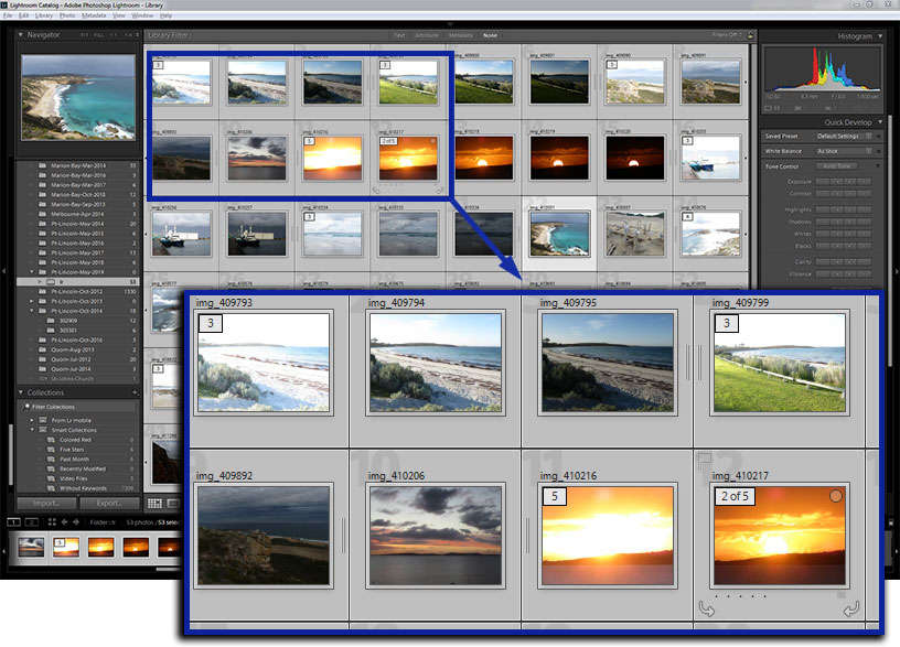 Lightroom catalog of bracketed sets which have been grouped into stacks using Auto-Stack by Capture Time