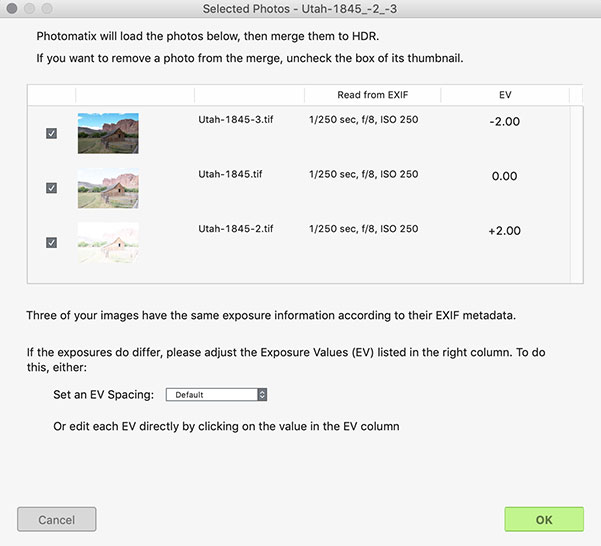 Photomatix Pro's import screen with bracketed exposures