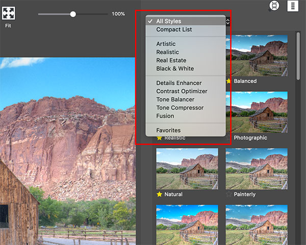 Photomatix Pro's preset list with bracketed exposures