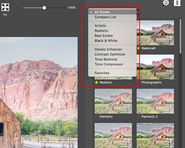 Photomatix Pro's preset list with a single exposure